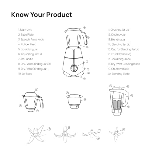 Wipro Elato FMG207 1000 Watt Mixer Grinder with 4 Jars(Wet Grinding Jar (1.5 L) + Dry Grinding Jar (1.2 L) + Chutney Jar (0.5 L) + Juicer (1.2 L)), 100% Copper Motor, 5 Years Motor Warranty,White