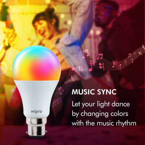 Wipro 9W B22D WiFi LED Smart Bulb with Music Sync Function, Compatible with Amazon Alexa and Google Assistant (16M Colours, Warm White/Neutral White/White + Dimmable) Pack of 1