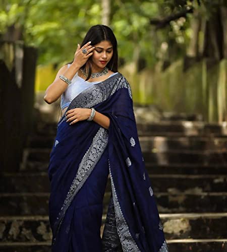 Women's Navy Silk Saree Indian And Pakistani Festival Sari With Blouse Material (NES8194 Navy 3)