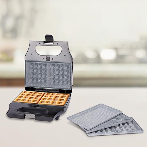 wipro Elato Bs302 800 Watt 3-In-1 Detachable Sandwich Maker, Removables Plates For Toaster, Griller & Waffle Maker, Non-Toxic Ceramic Coating,2 Year Warranty, Regular Bread Size For 2 Slices, Black