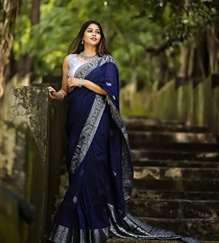 Women's Navy Silk Saree Indian And Pakistani Festival Sari With Blouse Material (NES8194 Navy 3)