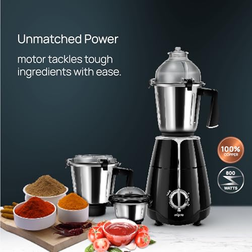 Wipro Elato FMG208 800 Watt Mixer Grinder with 3 Jars,Heavy Duty 100% Copper Ball Bearing Motor with 5 Year Warranty,Superfast Grinding,Clip Lids - Hands Free use, 3 Jars Mixer Grinder 800 Watt,Black