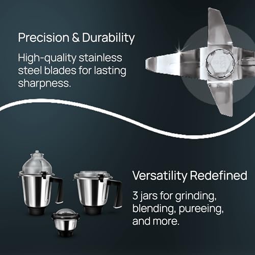 Wipro Elato FMG208 800 Watt Mixer Grinder with 3 Jars,Heavy Duty 100% Copper Ball Bearing Motor with 5 Year Warranty,Superfast Grinding,Clip Lids - Hands Free use, 3 Jars Mixer Grinder 800 Watt,Black