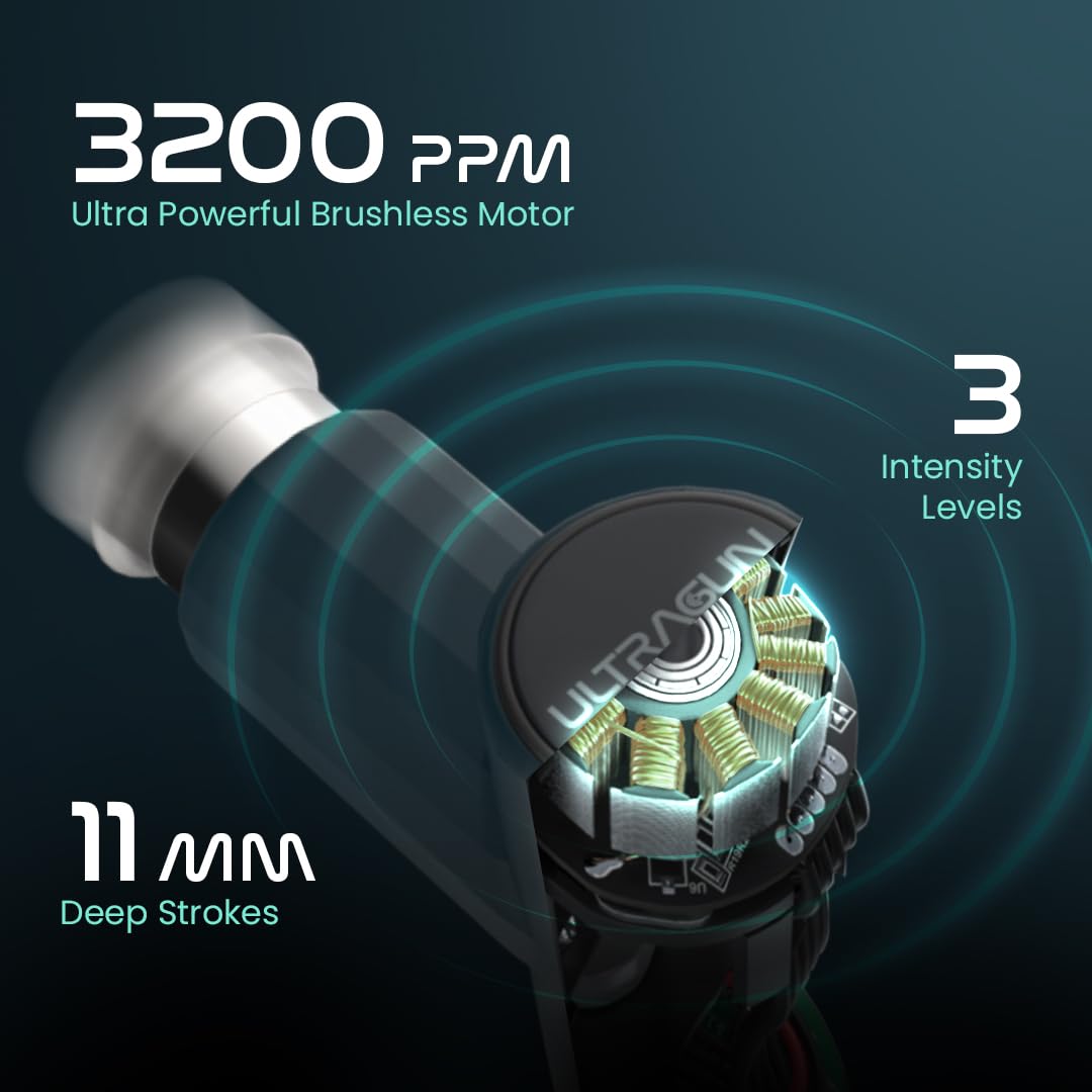 UltraCare PRO Ultragun PRO Massage Gun With Metal Head For Oil Massage & 3 Soft Silicone Heads, Ultra-Compact & Lightweight, Heatless Performance, Premium Carrying Case, Black