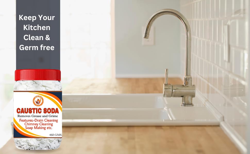 RICH FOX® Caustic Soda for Soap Making, Drain Cleaning, Chimney Cleaning– Fast-Acting Formula to Clear Blockages Instantly – Best Chimney & Drain Cleaner Flakes and Soap Making Flakes- 450 Grams