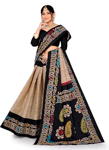 Women's - Regular Sari - Printed Pure Cotton Sari Black::Multicolor Saree With Unstitched Blouse Piece