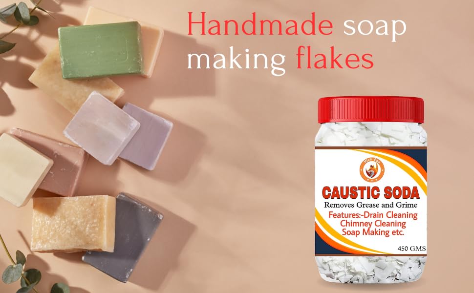 RICH FOX® Caustic Soda for Soap Making, Drain Cleaning, Chimney Cleaning– Fast-Acting Formula to Clear Blockages Instantly – Best Chimney & Drain Cleaner Flakes and Soap Making Flakes- 450 Grams
