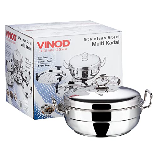 Vinod Stainless Steel 6 pcs Multi Kadai with Stainless Steel Lid, 2 Idli Plates, 2 Dhokla Plates and 1 Patra Plate - Silver (Induction and Gas Stove Friendly), 2 Years Warranty