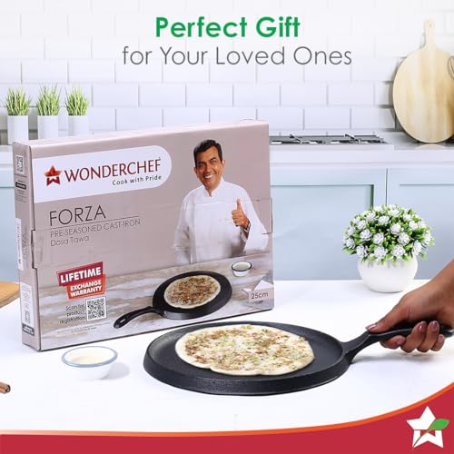 Wonderchef Forza Cast-Iron 25 cm Dosa Tawa Pan | Pre-Seasoned Cookware | Induction Friendly | 3.8 mm| with Lifetime Exchange Warranty