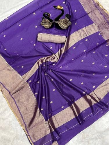 WILLFE Women's Cotton Soft Silk Jamdani Sarees With Attach Unstitched Blouse Piece (Purple)