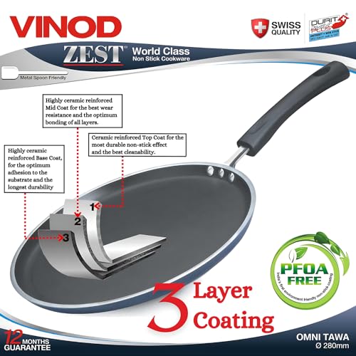 Vinod Zest Aluminium Non Stick Dosa Omni Tawa - 25cm | 3mm Extra Thick | 3 Layer Ceramic Coat | Bakelite Handle | Toxin Free | Gas Base - 1 Year Warranty