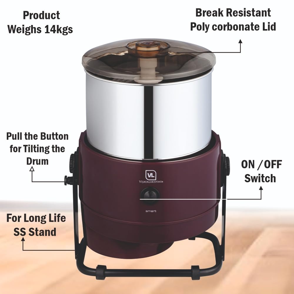 VIJAYALAKSHMI | Smart 2 Litre | Heavy ABS Body with Metal Stand Wet Grinder, 2L (Maroon) | with Coconut Scrapper & Atta Kneader Attachment.
