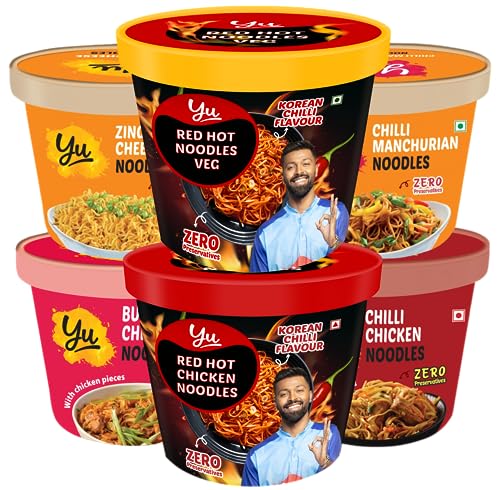 Yu Foodlabs-Cup Noodles Combo Pack Of 6-Chilli Manchurian, Zingy Cheese, Chilli Chicken, Butter Chicken, Red Hot Veg, Red Hot Chicken-No Preservatives-100% Natural-Ready To Eat Instant Noodles-455gram