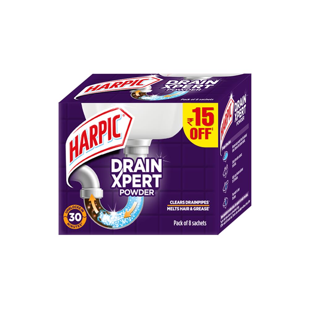 Harpic Flushmatic In-Cistern Toilet Cleaner Blocks, Lavender - 150 g & Harpic Drain Xpert Drain Cleaner Powder (50g x 8) | Effective Sink Cleaner, Drain Blockage Remover, Drain Pipe Cleaner