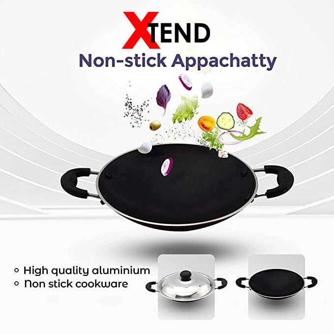 Xtend Supreme Non-Stick Appachatty/Appachatti/Appachetty with Stainless Steel Lid Appachatty with Lid 1.5 L Capacity 22 cm Diameter (Aluminium, Non-Stick)