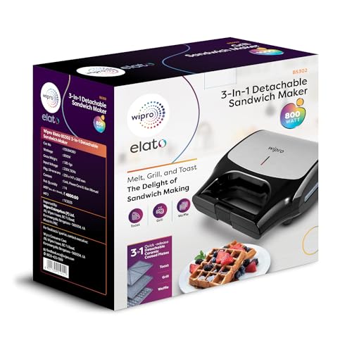 wipro Elato Bs302 800 Watt 3-In-1 Detachable Sandwich Maker, Removables Plates For Toaster, Griller & Waffle Maker, Non-Toxic Ceramic Coating,2 Year Warranty, Regular Bread Size For 2 Slices, Black