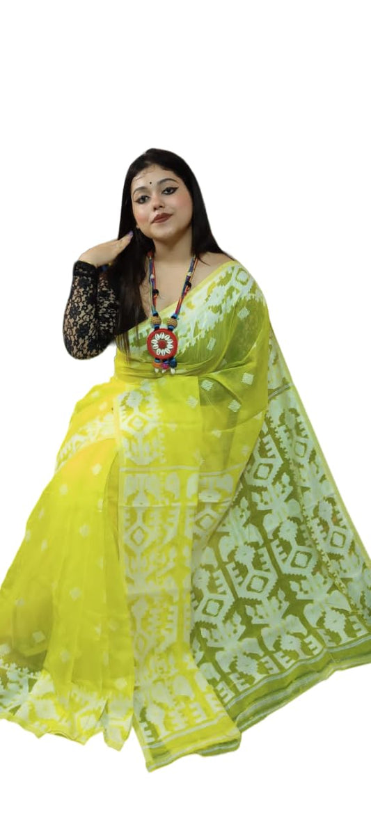 Women Cotton Silk Reshom Dhakai Jamdani Saree (Yellow)