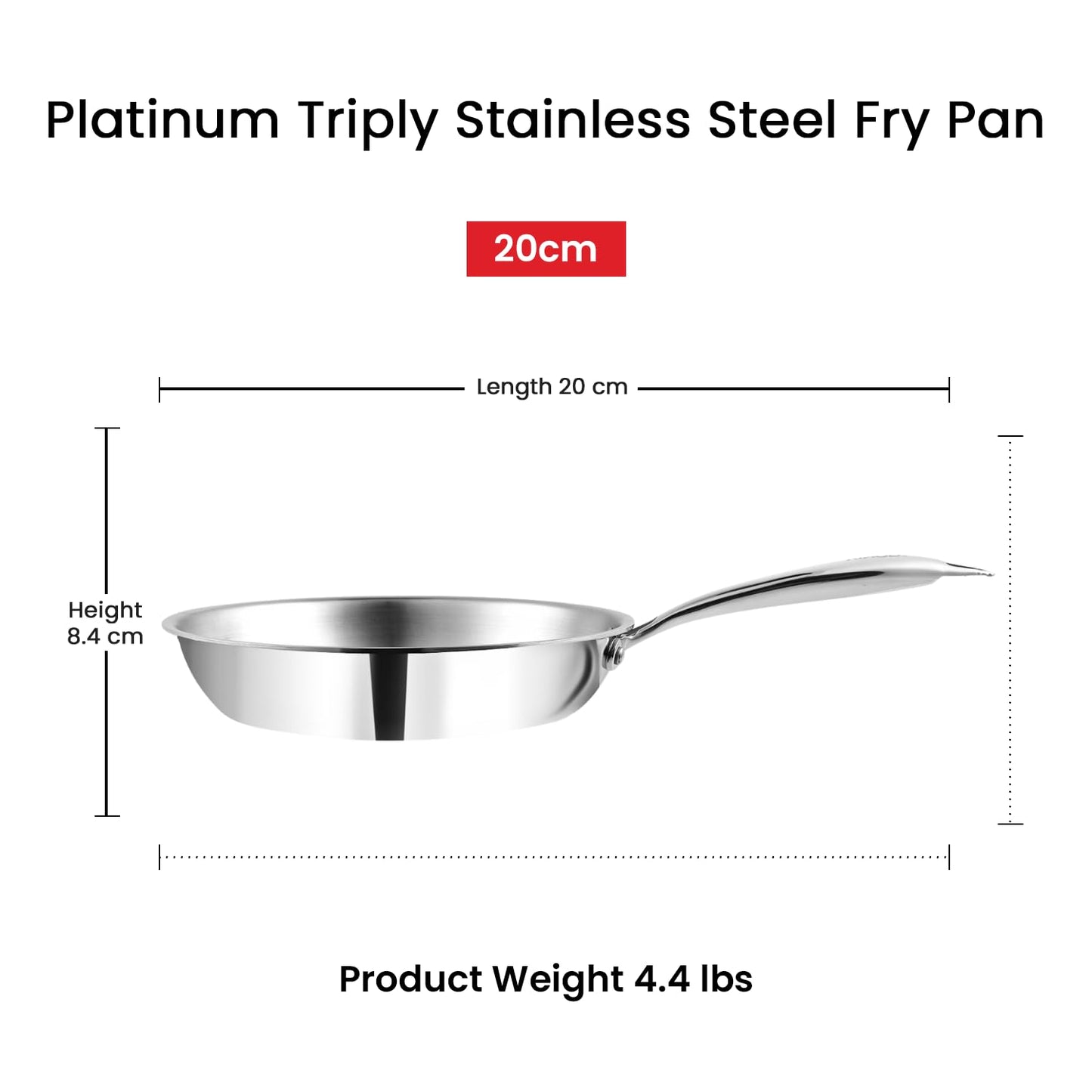 Vinod Platinum Triply Stainless Steel Frypan 20 cm | 2.5 mm Thick | Steel Pan | Scratch Resistant | 5 Year Warranty | Induction & Gas Friendly, Heavy Bottom