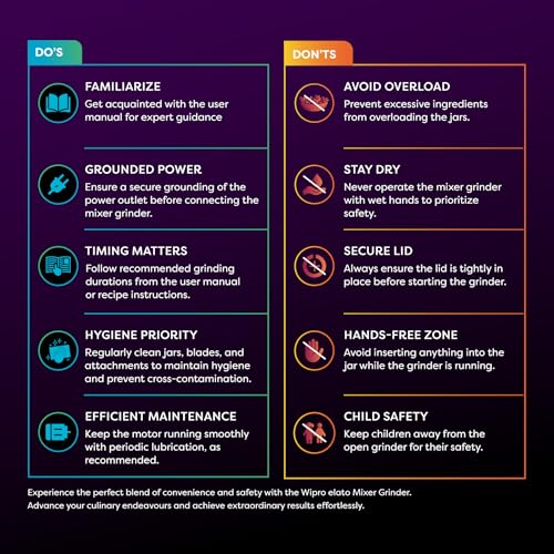 Wipro Elato FMG209 800 Watt Mixer Grinder with 4 Jars,Heavy Duty 100% Copper Ball Bearing Motor with 5 Year Warranty,Superfast Grinding,Clip Lids - Hands Free use, 4 Jars Mixer Grinder 800 Watt,Black