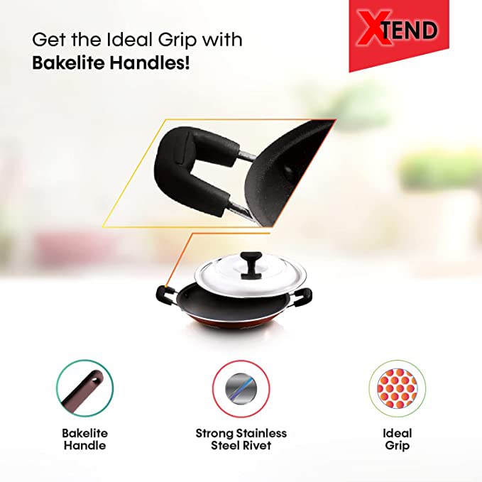 Xtend Supreme Non-Stick Appachatty/Appachatti/Appachetty with Stainless Steel Lid Appachatty with Lid 1.5 L Capacity 22 cm Diameter (Aluminium, Non-Stick)