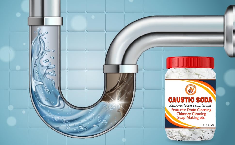 RICH FOX® Caustic Soda for Soap Making, Drain Cleaning, Chimney Cleaning– Fast-Acting Formula to Clear Blockages Instantly – Best Chimney & Drain Cleaner Flakes and Soap Making Flakes- 450 Grams