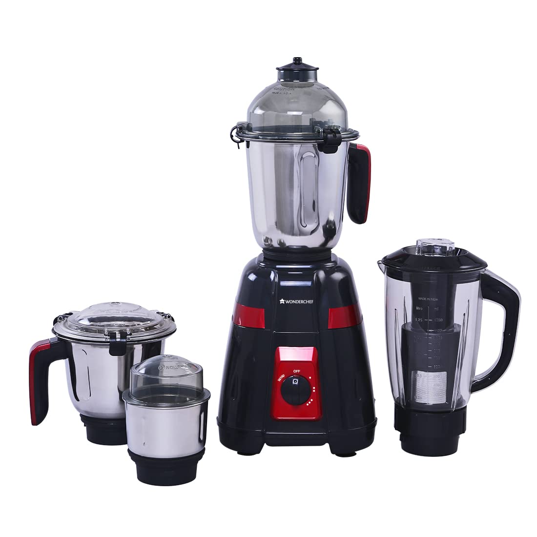 Wonderchef Platinum 750W Mixer Grinder | 4 Stainless Steel Jars with Fruit Filter Jar | Powerful 750W motor | 3-Speed & Pulse Function | Anti Skid Feets | 5 years warranty on motor | Black & Red