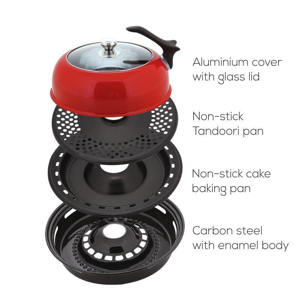 Wonderchef Renewed Gas Oven Tandoor 4 Pieces Set | 2-in-1 Oven and Tandoor | Ideal for Rotis and Naans, Tikkas, Kebabs, Cakes and Cookies | Non-stick Tandoori Trays | Black & Red