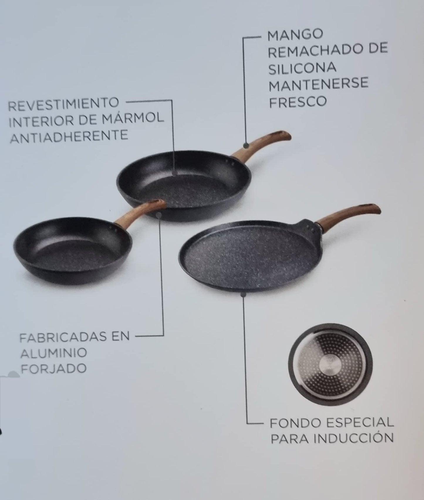 Westinghouse Grey Marble Series Forged Aluminum Cookware Set (3 Pieces) - 1 Frying Pan 26 cm + 1 Frying Pan 20 cm + 1 Crepe 28 cm | with Wooden Handle WCCS003203AMBB