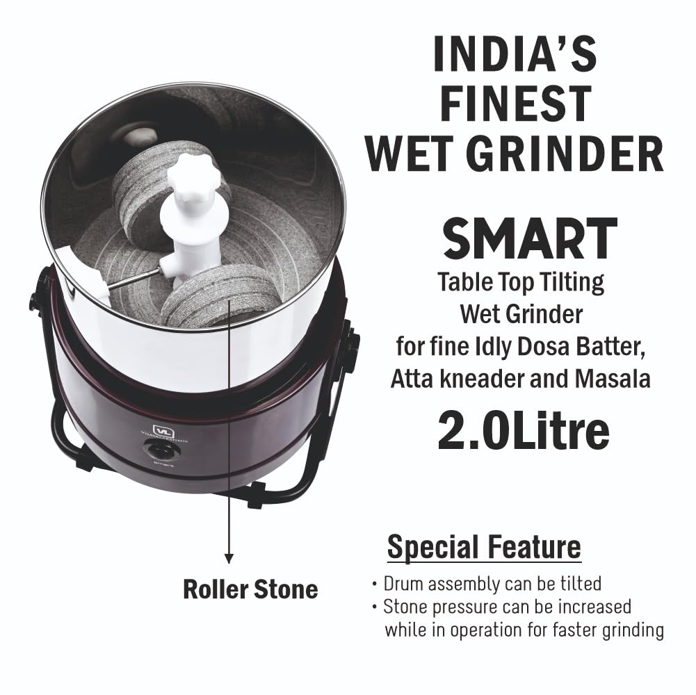 VIJAYALAKSHMI | Smart 2 Litre | Heavy ABS Body with Metal Stand Wet Grinder, 2L (Maroon) | with Coconut Scrapper & Atta Kneader Attachment.