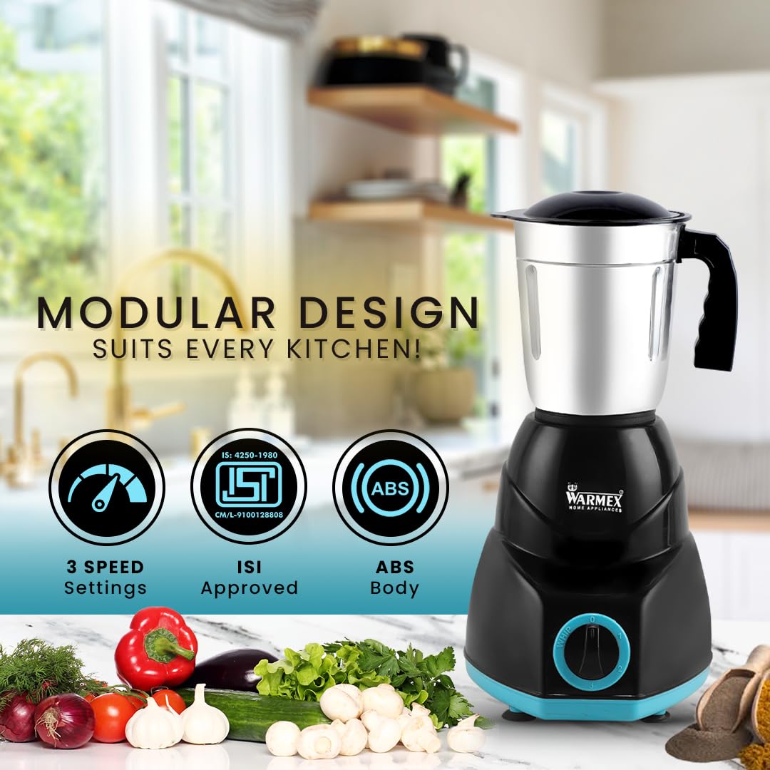 Warmex 500W Mixer Grinder with 3 Jars + 2 Years Warranty, Powerful Motor for Efficient Grinding & Blending, Durable & Versatile Kitchen Appliance, Ideal for Home Cooking Needs, Reliable Performance