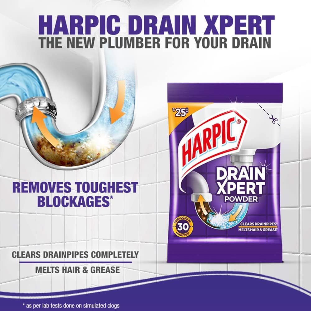 Harpic Disinfectant Bathroom Cleaner Liquid, Lemon - 1L + Harpic Drain Xpert Drain Cleaning Powder (50g x 8)