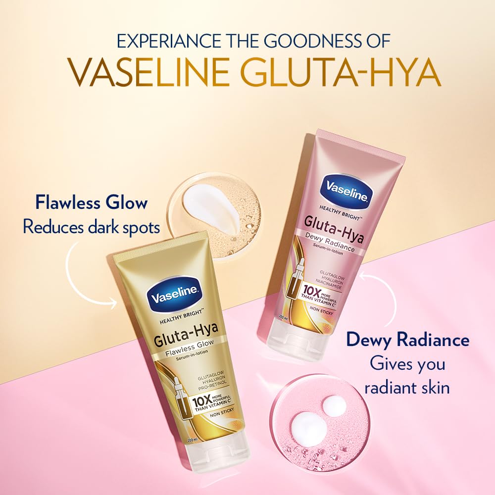 Vaseline Gluta-Hya Flawless Glow Lotion for Face & Body | Gives Brighter Skin | Glutathione & Pro-Retinol Infused Moisturizer, 200ml