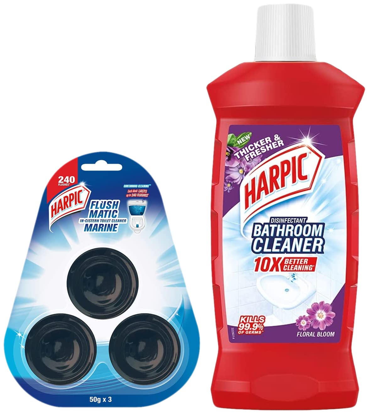 Harpic Flushmatic In-Cistern Toilet Cleaner Blocks, Marine - 150 g | Lasts Upto 240 Flushes & Disinfectant Bathroom Cleaner Liquid, Floral - 1 L | India's # 1 Bathroom Cleaner