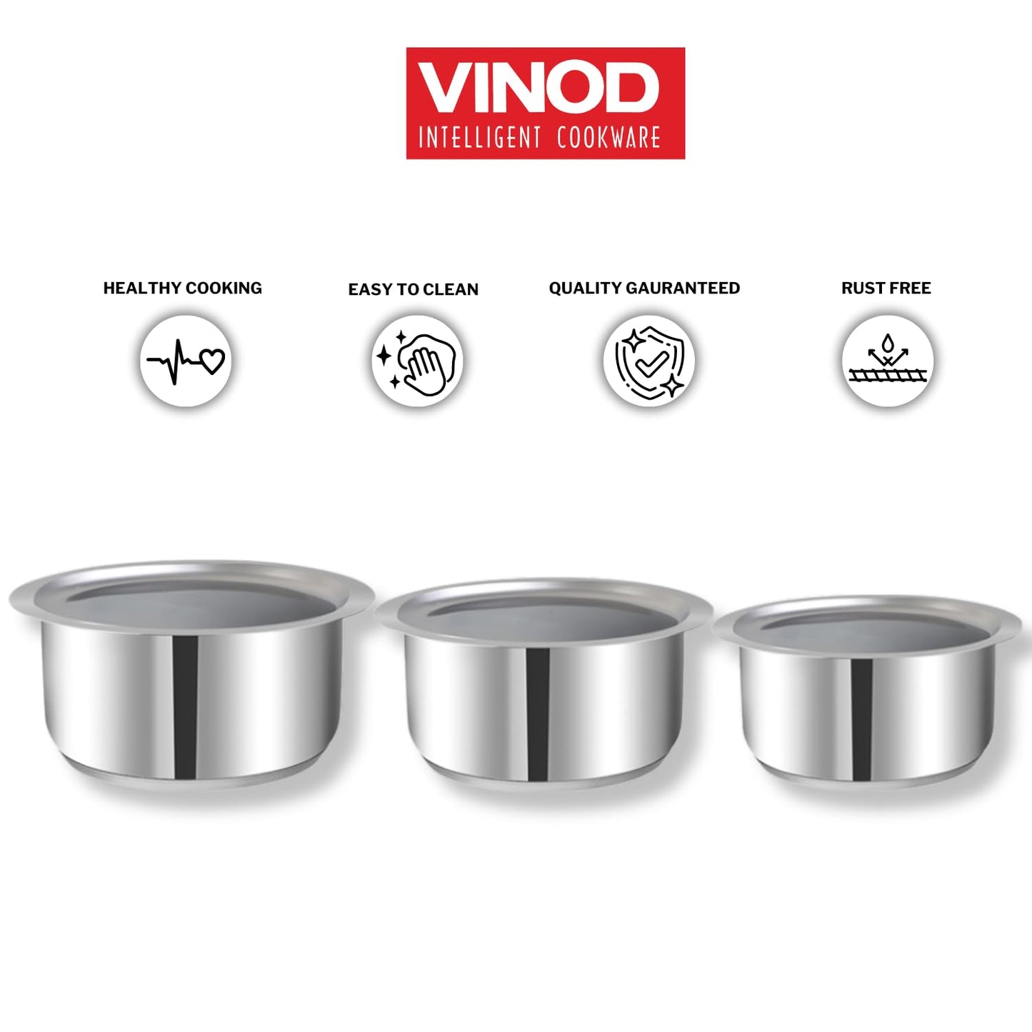 Vinod Stainless Steel 3 pc Tope Set with Capacity of 1.4 litres, 1.8 litres & 2.2 litres with Stainless Steel Lids (Gas Stove and Induction Friendly) - Silver, 24 Months Warranty