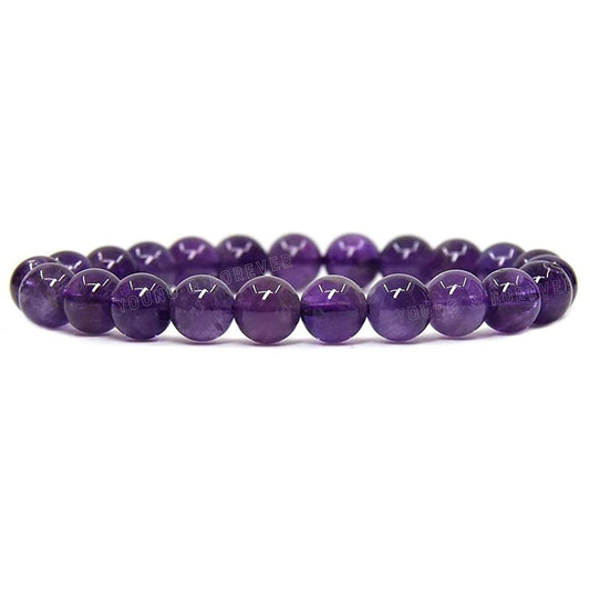 Young & Forever Gift Energized Reiki Crystal Semi Precious Gemstone Amethyst Bracelet for Purification Healing Stone Stretch Bracelet for Men and Women