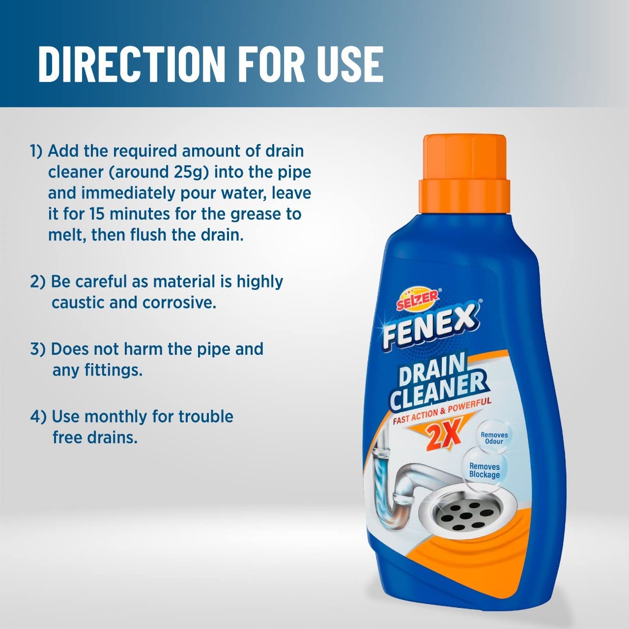 Selzer Fenex Drain Cleaner With Fast Action & Powerful Formula for Washbasin, Sinks And Pipes - 500 gm (Pack of 1)
