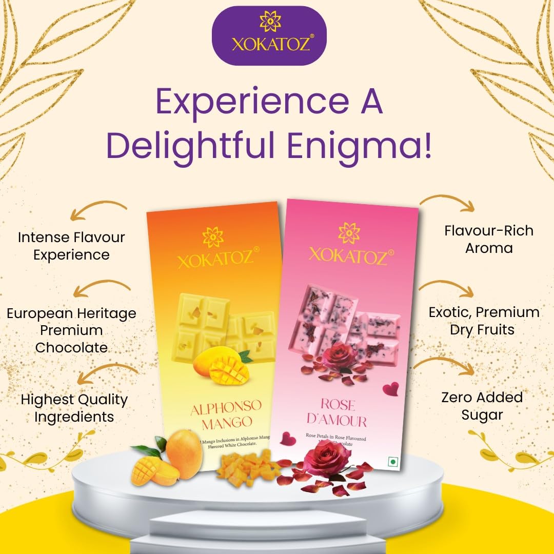 XOKATOZ Exotic Premium Chocolate - 1 Rose D’Amour + 1 Alphonso Mango Flavour - Flavoured White Chocolate Bars - Gift Set - Pack of 2, 150 gm (75gm X 2)