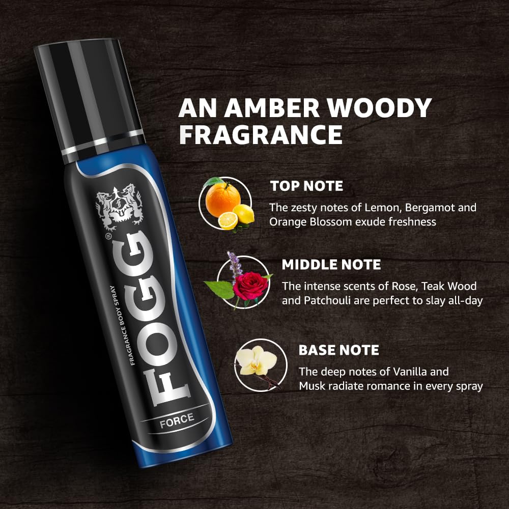 4x Fogg Force No Gas Deodorant for Men, Long-Lasting Perfume Body Spray, 150 ml each - Pack of 4