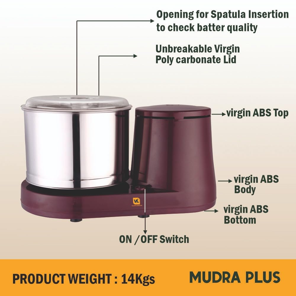 VIJAYALAKSHMI | MUDRA Plus 2 Litre | Heavy ABS Body Wet Grinder, 2L (Cherry) | with Coconut Scrapper & Atta Kneader Attachment.