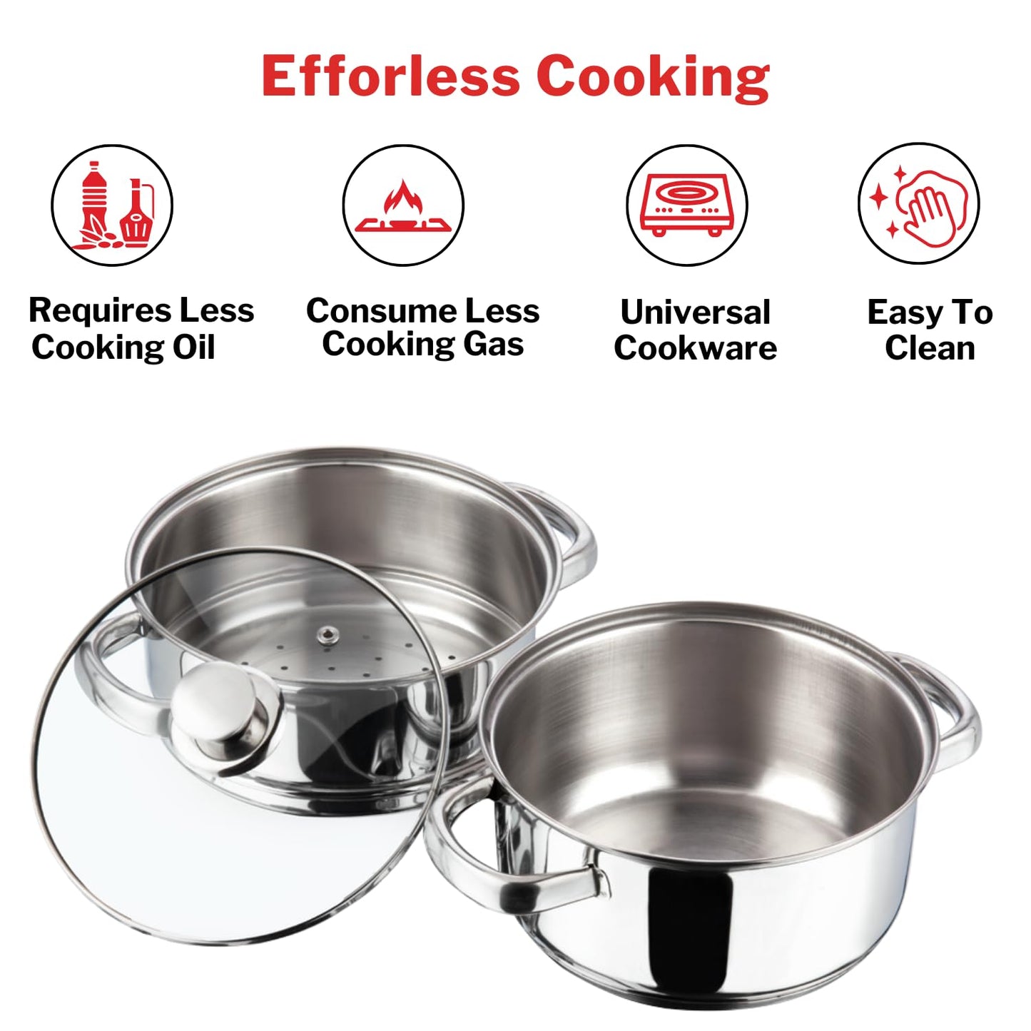 Vinod Stainless Steel Steamer 2 Tier with Glass Lid 18 cm | 2.5 mm Thick Base | Multi Purpose Momos, Modak Maker Steamer | Induction and Gas Base | 2 Year Warranty - Silver