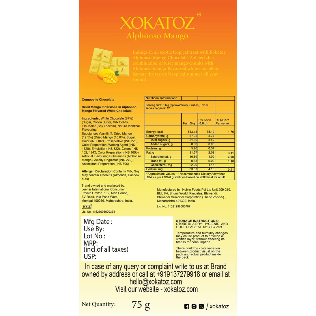 XOKATOZ Exotic Premium Chocolate - 1 Alphonso Mango Flavoured White Chocolate Bar - Gift Set - Pack of 1, 75g (75g x 1)