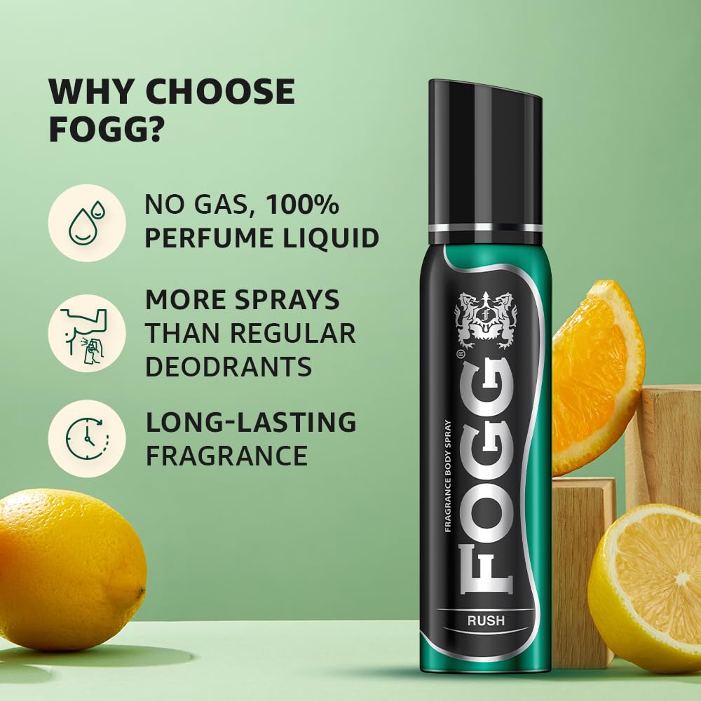 4x Fogg Rush No Gas Deodorant for Men, Long-Lasting Perfume Body Spray, 150 ml each - Pack of 4