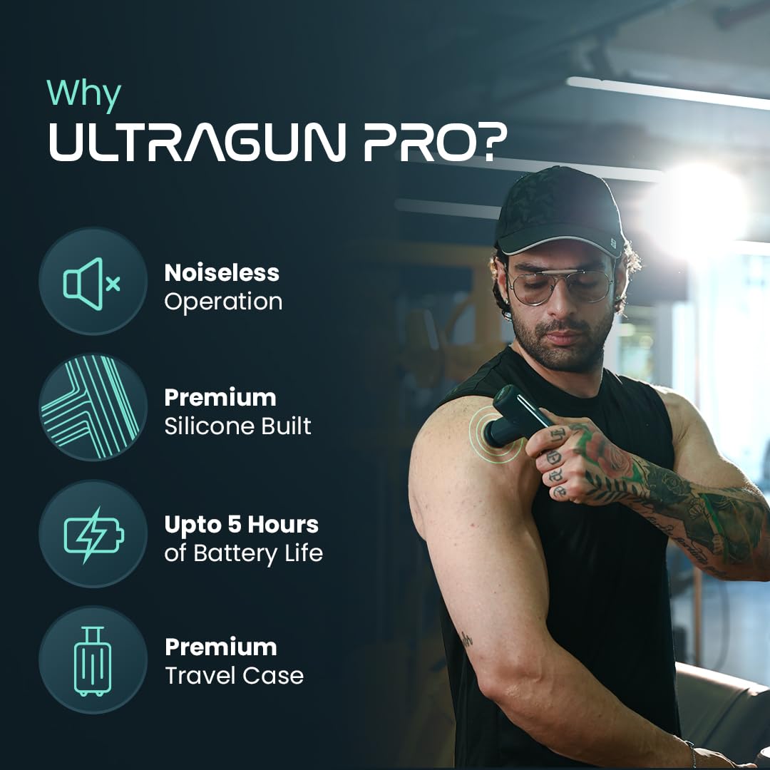 UltraCare PRO Ultragun PRO Massage Gun With Metal Head For Oil Massage & 3 Soft Silicone Heads, Ultra-Compact & Lightweight, Heatless Performance, Premium Carrying Case, Black