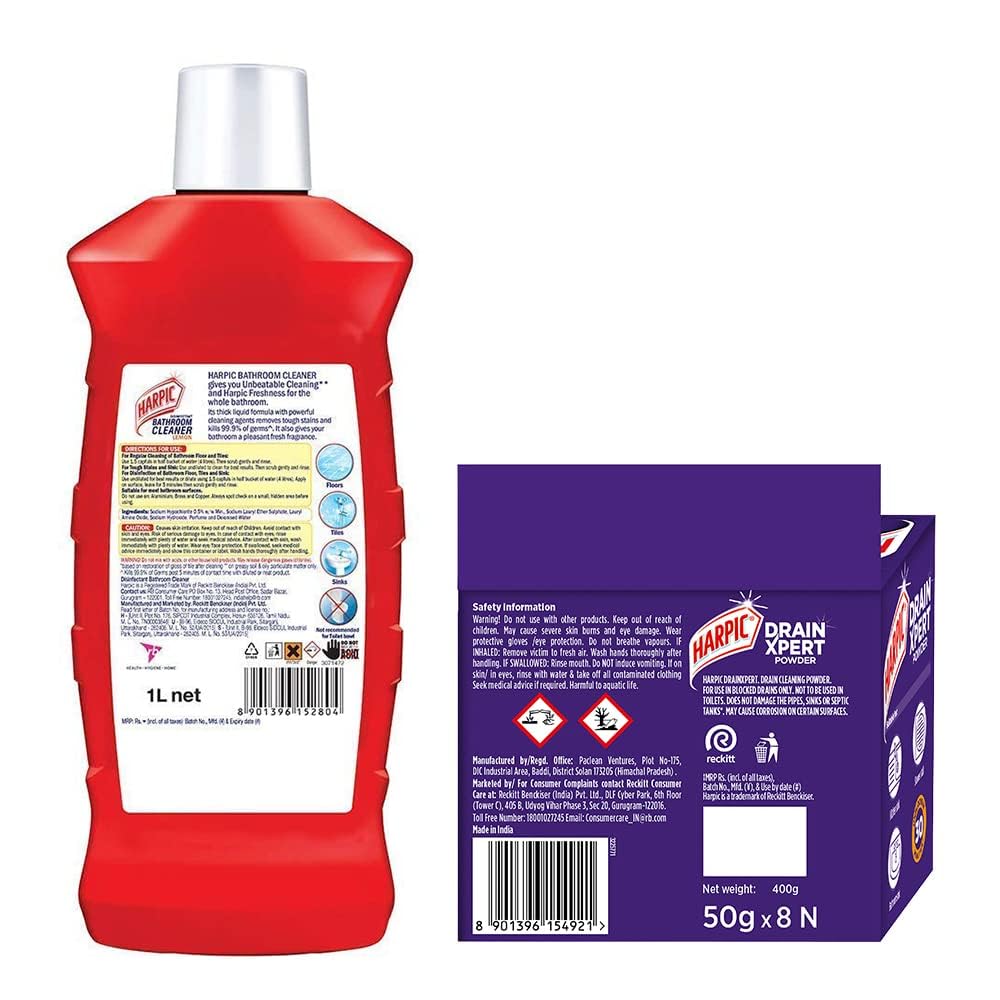 Harpic Disinfectant Bathroom Cleaner Liquid, Lemon - 1L + Harpic Drain Xpert Drain Cleaning Powder (50g x 8)