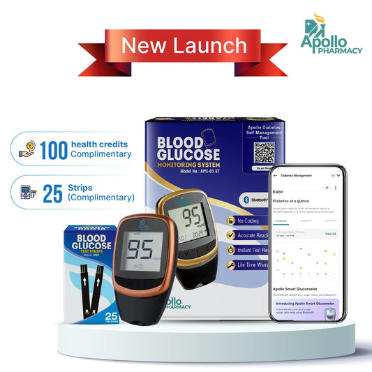 (New Launch) Apollo Smart Glucometer With Complimentary 25 Strips + App, Bluetooth Enabled, Access to Diabetes Self Management Tool with Doctor Chat Assist Plan, Complimentary Apollo Circle membership, Complimentary 100 Health Credits, Lifetime Warranty,