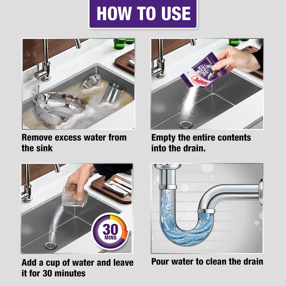 Harpic DrainXpert Drain Cleaning Powder (50g x 8) | Removes Blockages in Pipes, Sinks & Septic Tanks| Works within 30 minutes | Melts Grease & Dissolves Hair (Pack of 2)