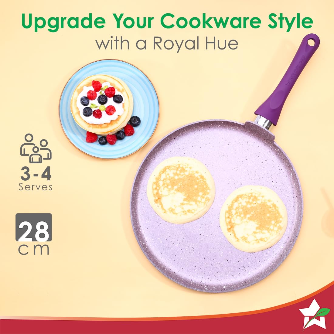 Wonderchef Royal Velvet Non-Stick 28cm Dosa Tawa I Induction Ready | Soft-Touch Handles |Non – Toxic I Virgin Aluminium| 3 mm Thick | 1.8 litres | 2 Year Warranty | Purple