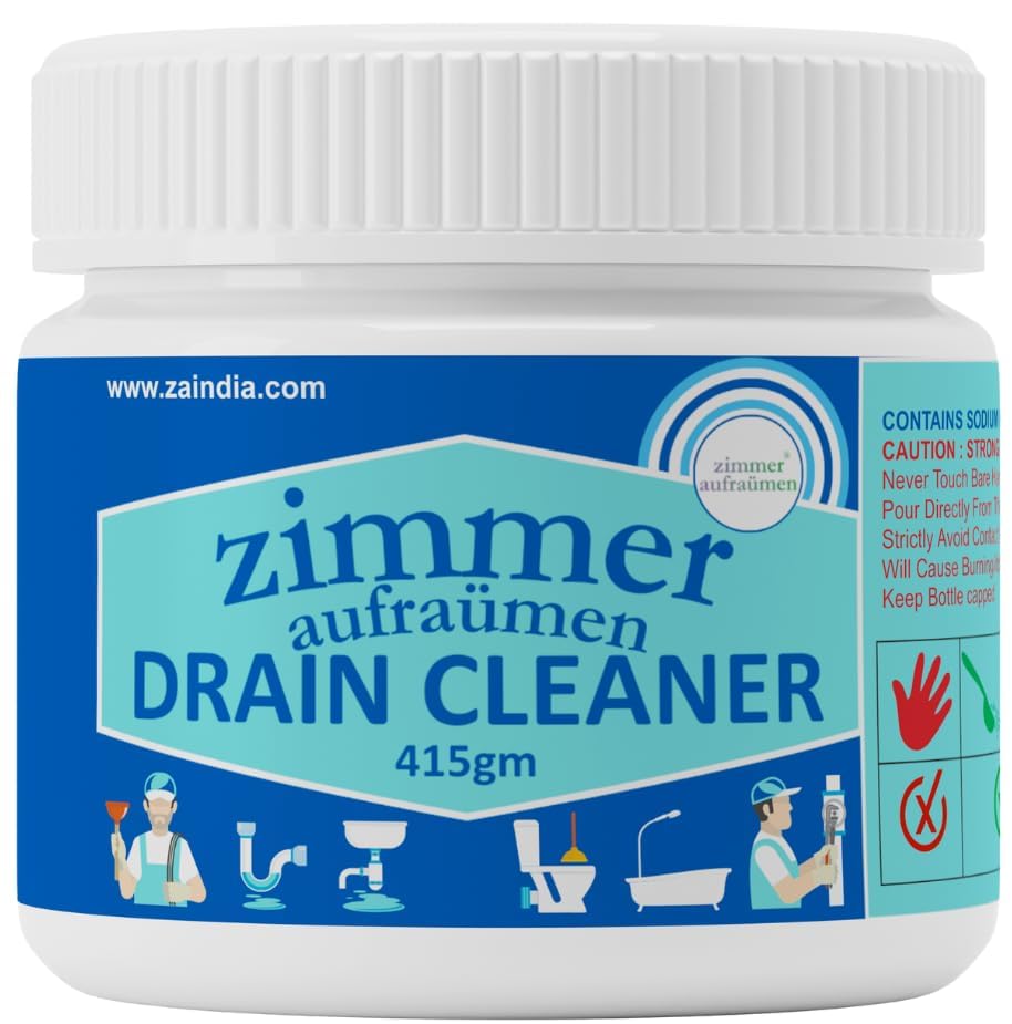Zimmer Aufraumen 450gms Heavy Duty Drain Cleaner & Blockage Opener Powder. Opens Clogs. Dissolves Hair, Accumulated Soap Scum & Dirt. Biodegradable. Economical.