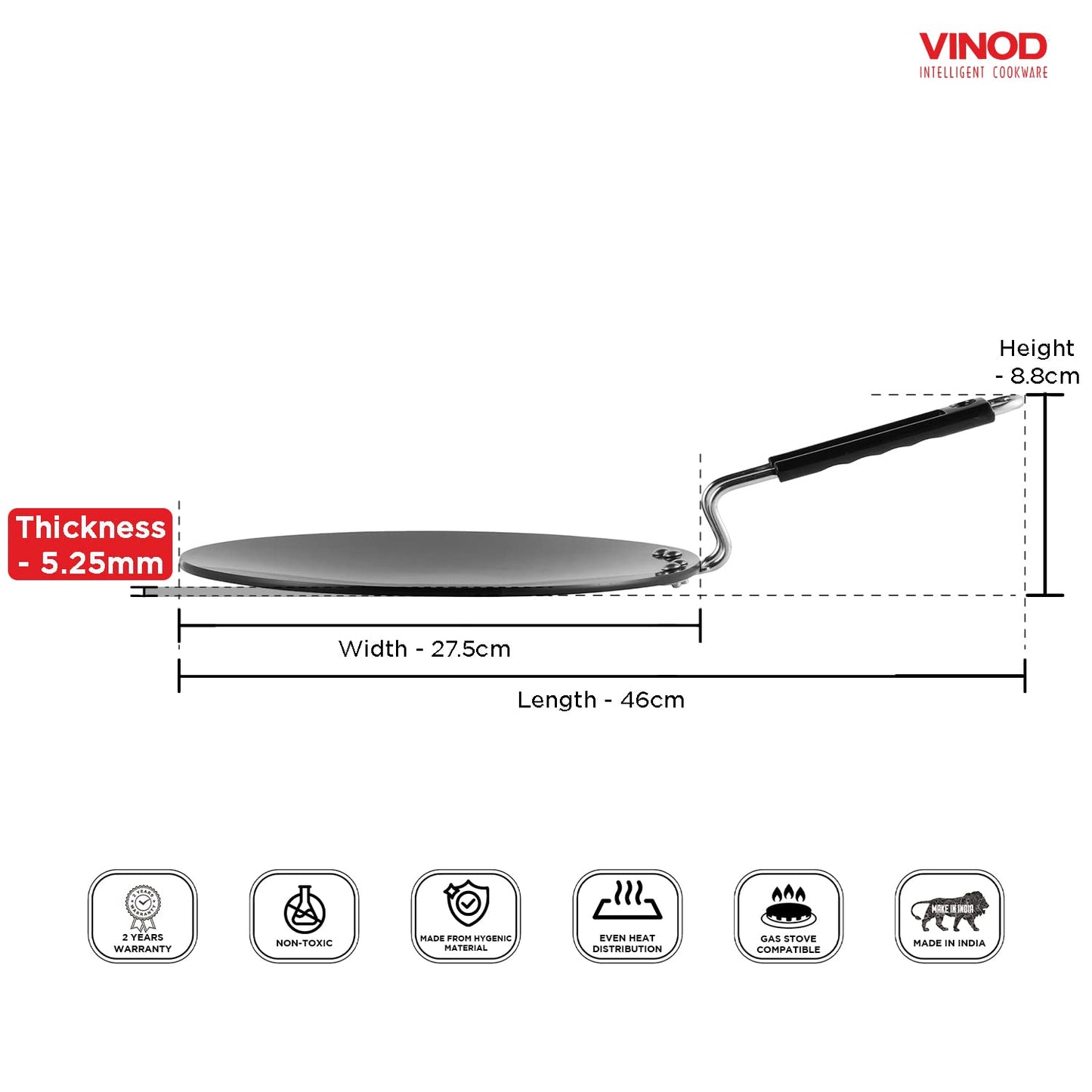 Vinod Black Pearl Hard Anodised Tawa - 28 cm | 5.25mm Thickness | Metal Spoon Friendly | Riveted Sturdy Handle | Long Lasting Roti, Paratha Tawa | 2 Year Warranty | Toxin Free