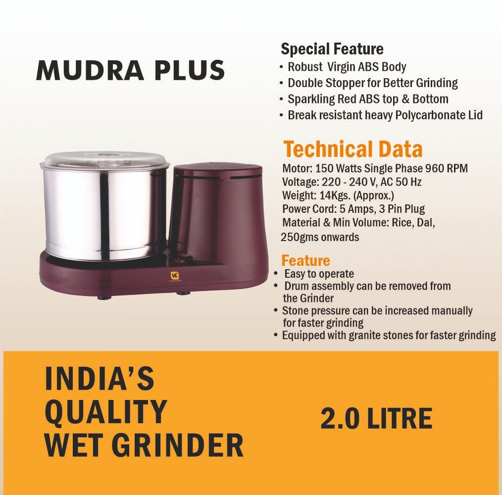 VIJAYALAKSHMI | MUDRA Plus 2 Litre | Heavy ABS Body Wet Grinder, 2L (Cherry) | with Coconut Scrapper & Atta Kneader Attachment.